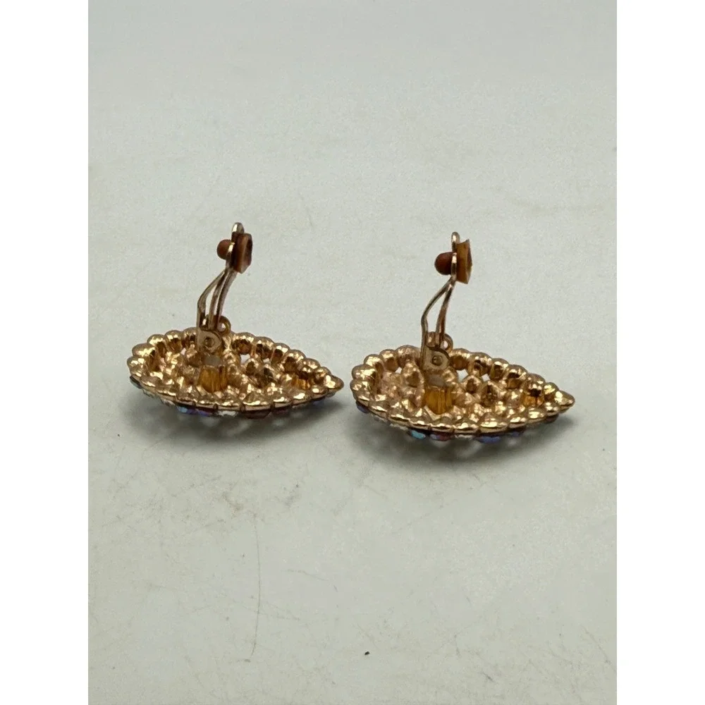 Vintage Aurora Borealis Clear Rhinestone Gold Tone Clip On Teardrop Earrings